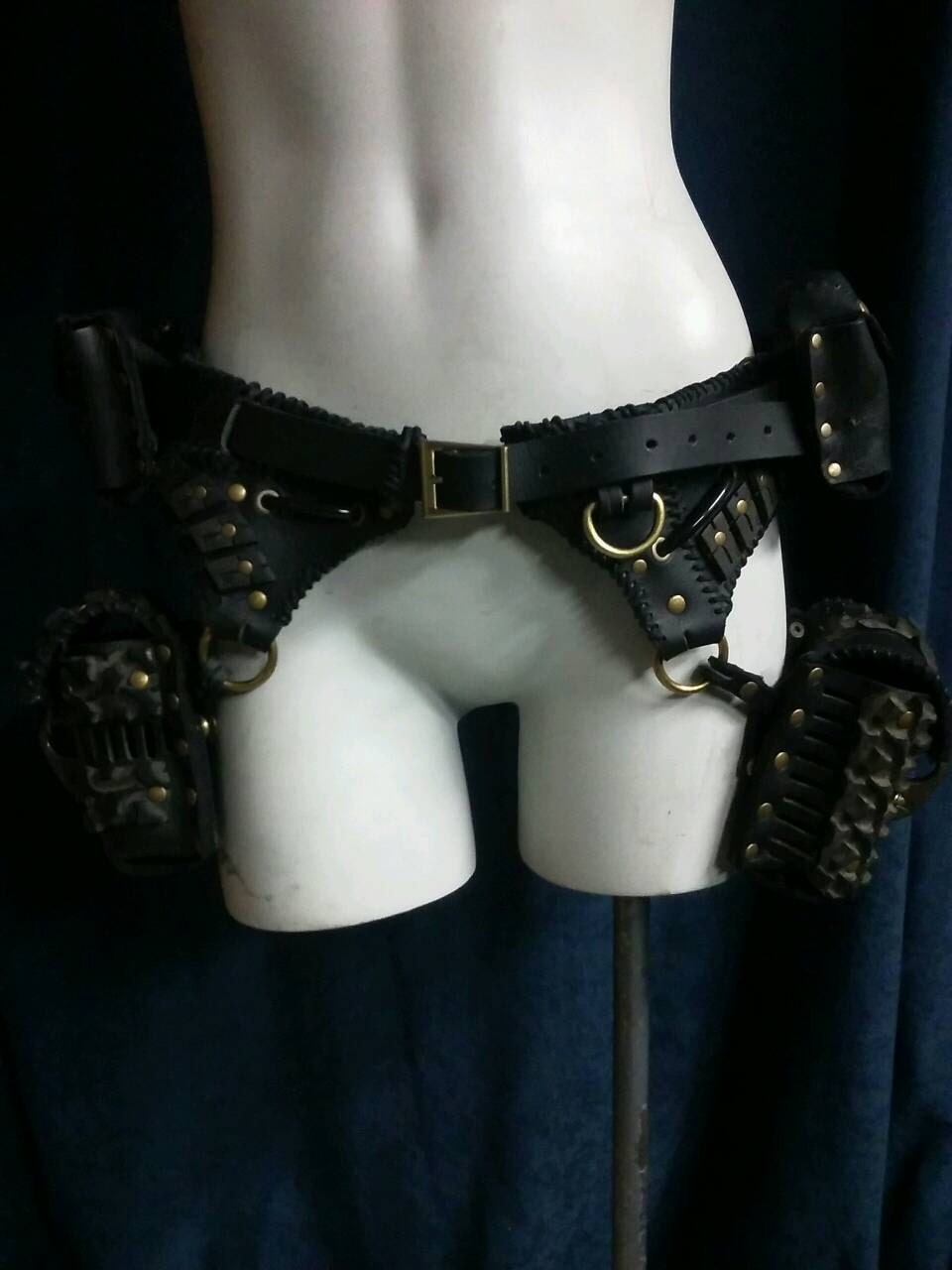 D & DD cup black leather antique brass studded bra