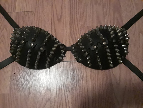 D & DD Cup Black Leather Antique Brass Studded Bra -  Hong Kong