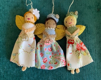 Knitted Fairy Angel Ornament, Cath Kidston Fabric Skirt