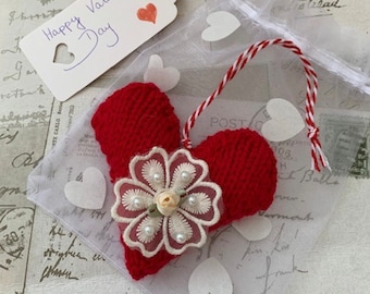 knitted hanging heart in a gift bag, Mother's Day , special occasion