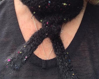 Hand knitted  black mohair scarf  with sequinned yarn , Sophie style scarf