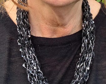 Hand knitted  necklace with sparkly yarn,  Mother's Day gift , teacher  gift, summer, festival