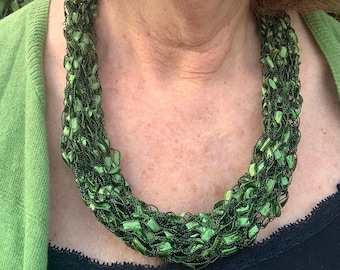 Hand knitted  green  necklace with sparkly yarn, Valentine gift , Mothers Day