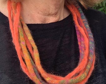 knitted Autumn  necklace in  merino wool,  and angora yarn, orange  , fibre jewellery, boho festival, loop necklace, I cord, statement