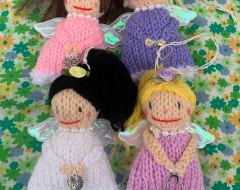 Knitted fairy angel,   gift in a bag with personalised tag, guardian angel, birthday, love,  fairy with heart charm