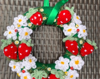 Knitted wreath, strawberries and daisies , door wreath, summer gift