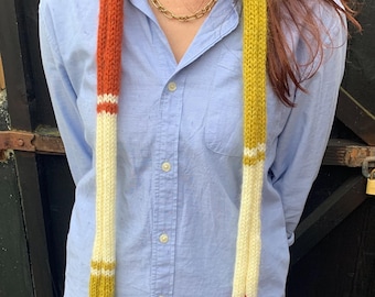 Knitted skinny  scarf, kid silk,  mohair and acrylic. Long with stripes. Woollen  gift. Autumnal colours