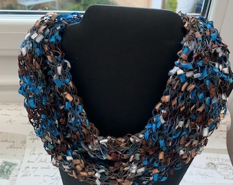 Hand Knitted Necklace Scarf, Blue Brown Jeweled Yarn Cowl