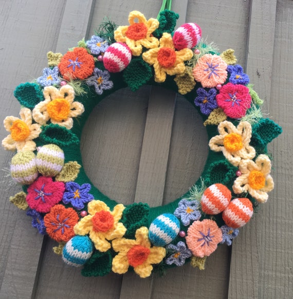 Knitted easter wreath spring door wreathwall wreath Easter | Etsy