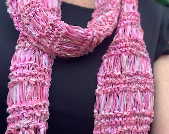 Hand Knitted Pink Ribbon Scarf, Shimmery Evening Wear, Mother's Day