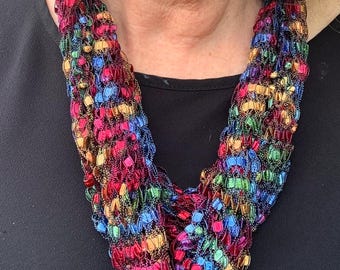 Hand Knitted Ladder Yarn Necklace Scarf, Rainbow Jewels
