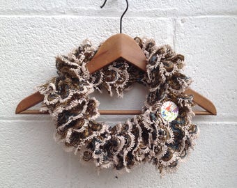 knitted beige scarf,ladies, gift for ladies , Christmas beige, brown with flower button, collar, scarflette, neckwarmer , necklet