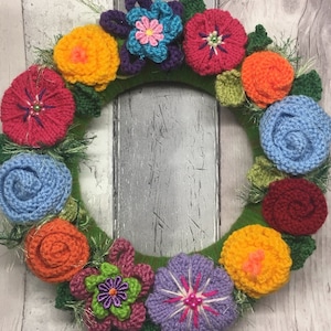 Knitted wreath with flowers mothers Day   autumn,  Christmas  flowers , woollen , nursery  vintage wedding, wall hanging, funeral  ,new home