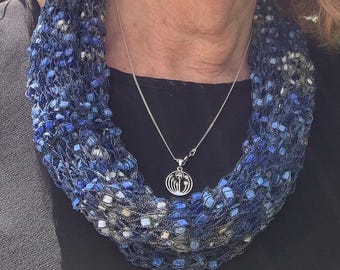 Hand Knitted Necklace Scarf, Blue Jewelled Yarn Cowl