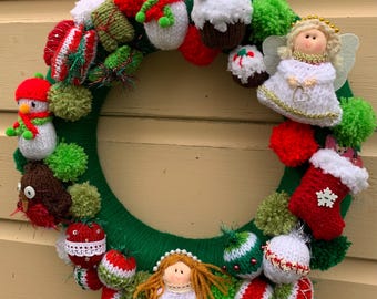 Knitted Christmas wreath, door decoration, hanging,wall   advent kranz, gift, keepsake, heirloom