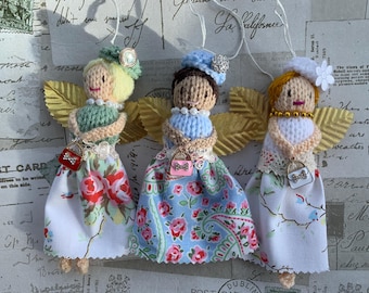 Knitted Easter  mini  fairy angel  in cath kidston   fabric  skirt,  guardian angel, home decoration