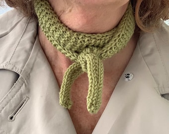 Knitted Merino Wool Sophie Scarf, Green Skinny Neck Tie, UK Seller