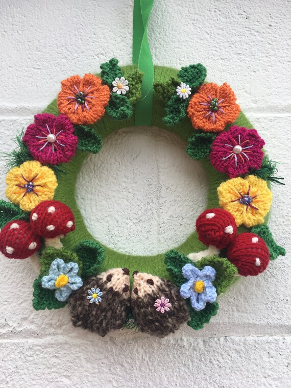 summer Christmas nursery autumn wedding Woodland wreath sunflowers nature,with hedgehogs flowers new home gift knitted flowers