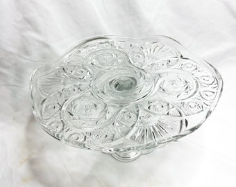 Vintage 11 inch Clear Glass Round Cake Stand, Scallop Edge, Pedestal