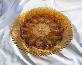 Large 13" Vintage Tiara Glass, Pressed Glass Amber Deviled Egg Plate