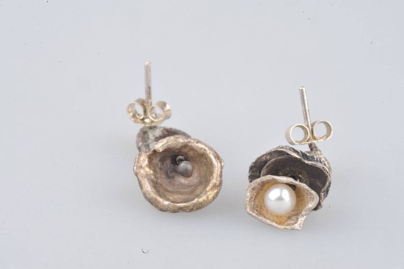 Ocean earrings pearl reticulated one of a kind asymetrical earrings oxidised recycled sterling silver