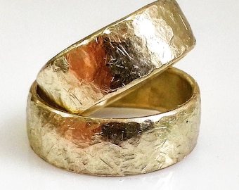 14ct gold, hammered, heavily structured wedding rings