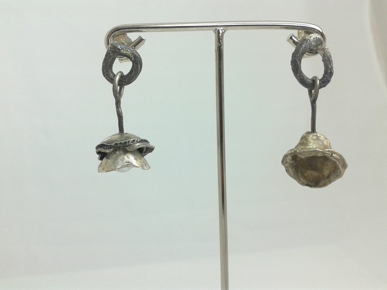 Ocean earrings pearl reticulated one of a kind asymetrical earrings oxidised recycled sterling silver