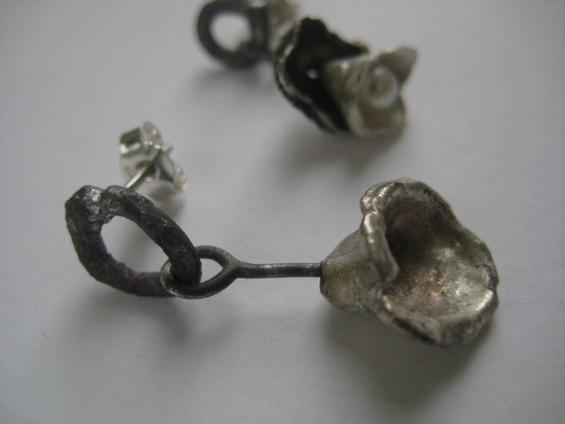 Ocean earrings pearl reticulated one of a kind asymetrical earrings oxidised recycled sterling silver