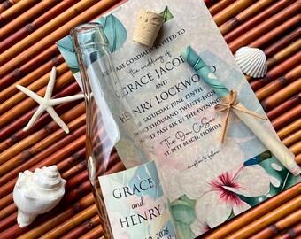 Tropical Wedding Invitation Suite: Botanical Floral Design | FULLY PRINTED | Custom Destination Wedding, Rainforest Theme Bottle Invite