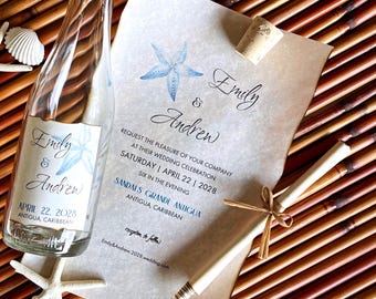 May include: A wedding invitation with a starfish design and the names "Emily & Andrew." The invitation includes the date, time, and location: April 22, 2028, in Antigua, Caribbean. A bottle with a label that matches the invitation is also present.
