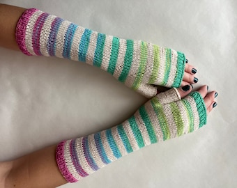 Suitable for VEGANS. Knitted of 100% COTTON. Multicolour (cream, blue, green, purple) fingerless gloves, fingerless mittens, wrist warmers.