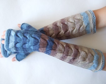 SALE: MULTICOLOR ( blue, brown, beige ) fingerless gloves, wrist warmers, fingerless mittens. Handmade, knitted of pure WOOL.