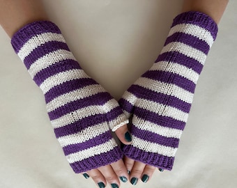 Suitable for VEGANS. Stripped PURPLE and white fingerless gloves, fingerless mittens, wrist warmers. Knitted of 100% COTTON. Handmade.