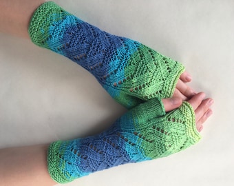 Knitted of 100% COTTON. Multicolor (BLUE, green, yellow) color fingerless gloves, fingerless mittens, wrist warmers. Suitable for VEGANS.