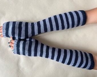 Suitable for VEGANS. Long stripped BLUE fingerless gloves, fingerless mittens, wrist warmers.Knitted of 100% COTTON. Handmade.