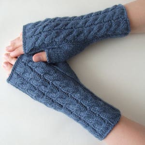 Knitted of 100 % soft ALPACA wool. Denim BLUE fingerless gloves, fingerless mittens, wrist warmers. HANDMADE. Cable gloves.