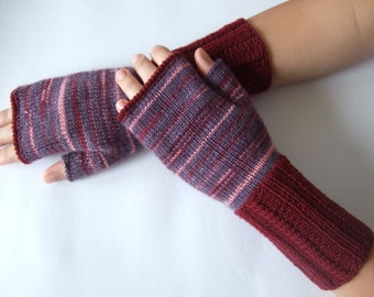 Handmade BURGUNDY, purple, pink ( multicolor ) fingerless gloves, wrist warmers, fingerless mittens. Knitted of wool and polyamide.