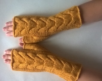 Knitted of ALPACA and soft WOOL. Handmade deep YELLOW fingerless gloves, wrist warmers, fingerless mittens. Pure wool. Cable gloves.