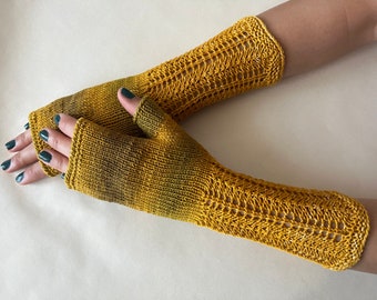 Knitted of 100% COTTON. Multicolour (yellow, green) fingerless gloves, fingerless mittens, wrist warmers. Suitable for VEGANS.