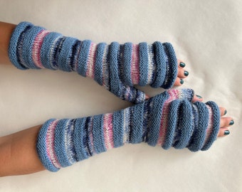 Handmade MULTICOLOR (denim blue, purple, white, pink) fingerless gloves, wrist warmers, fingerless mittens. Knitted of ALPACA and thin WOOL.