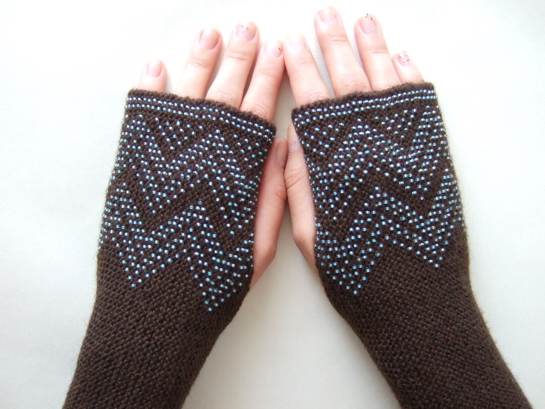 Beaded Dark BROWN Fingerless Gloves Wrist Warmers Fingerless Etsy