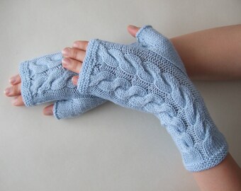 Knitted of 100 % baby MERINO wool. Light BLUE fingerless gloves, wrist warmers, fingerless mittens. Handmade gloves. Cable gloves.