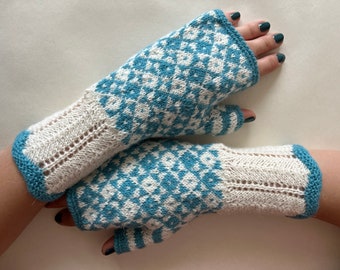 Knitted of ALPACA, wool and polyamide. Patterned colorful fingerless gloves, fingerless mittens, wrist warmers. COLORFUL. Handmade knitted.