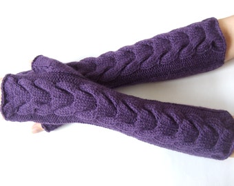 Knitted of ALPACA and WOOL.Soft and warm handmade deep PURPLE fingerless gloves, wrist warmers, fingerless mittens. Pure wool. Cable gloves.