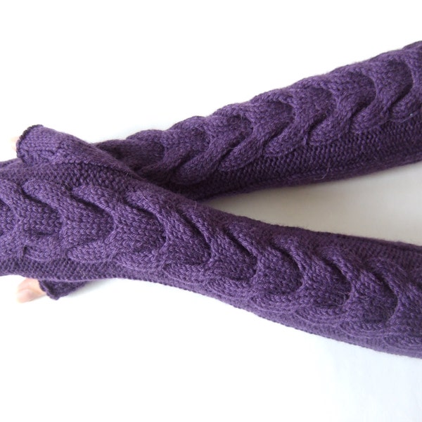 Knitted of ALPACA and WOOL.Soft and warm handmade deep PURPLE fingerless gloves, wrist warmers, fingerless mittens. Pure wool. Cable gloves.