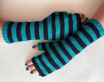 Suitable for VEGANS. Stripped BLACK and teal fingerless gloves, fingerless mittens, wrist warmers. Knitted of 100% COTTON. Handmade.
