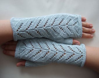 Suitable for VEGANS. Knitted of 100% COTTON. Light (ice) BLUE color fingerless gloves, fingerless mittens, wrist warmers. Handmade.
