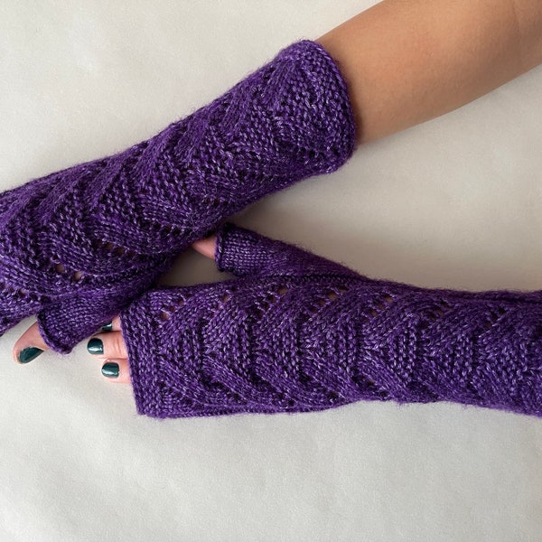 Knitted of SILK and super soft MERINO wool. Dark PURPLE fingerless gloves, wrist warmers, fingerless mittens. Handmade gloves.