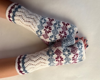 Knitted of ALPACA, wool and polyamide. Patterned colorful fingerless gloves, fingerless mittens, wrist warmers. COLORFUL. Handmade knitted.