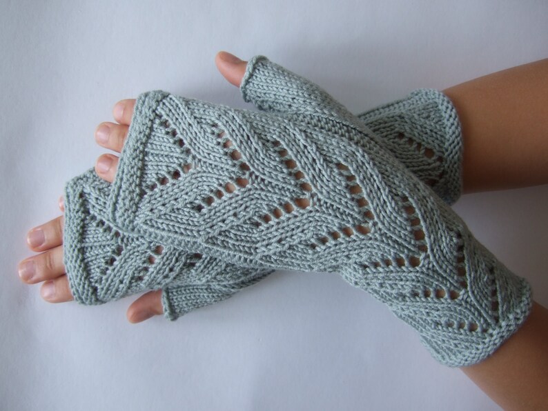Knitted of 100 % MERINO wool. Light BLUE / GREENISH fingerless gloves, wrist warmers, fingerless mittens. Handmade. image 1